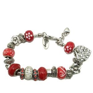 Bling Silver-tone & Red Beaded Charm Slider Bracelet on Snake Chain NWOT